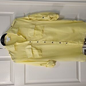 New Life Button Up Tab Sleeved Lightweight Yellow Oversized Gauzy Blouse Medium